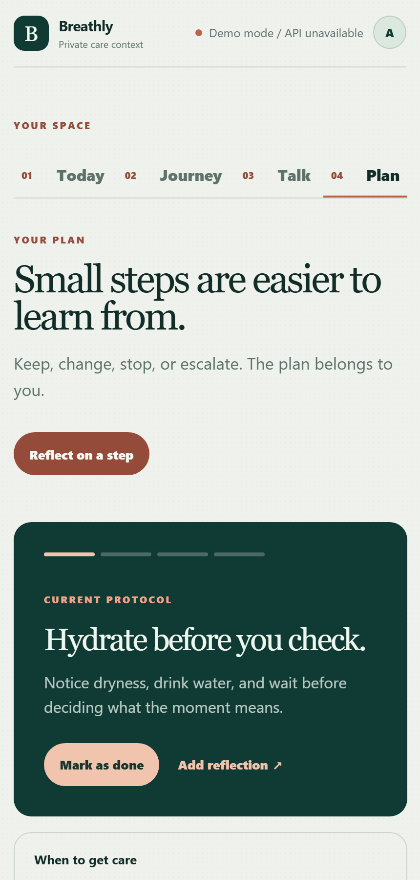 Breathly plan screen showing a calm sequence of next actions