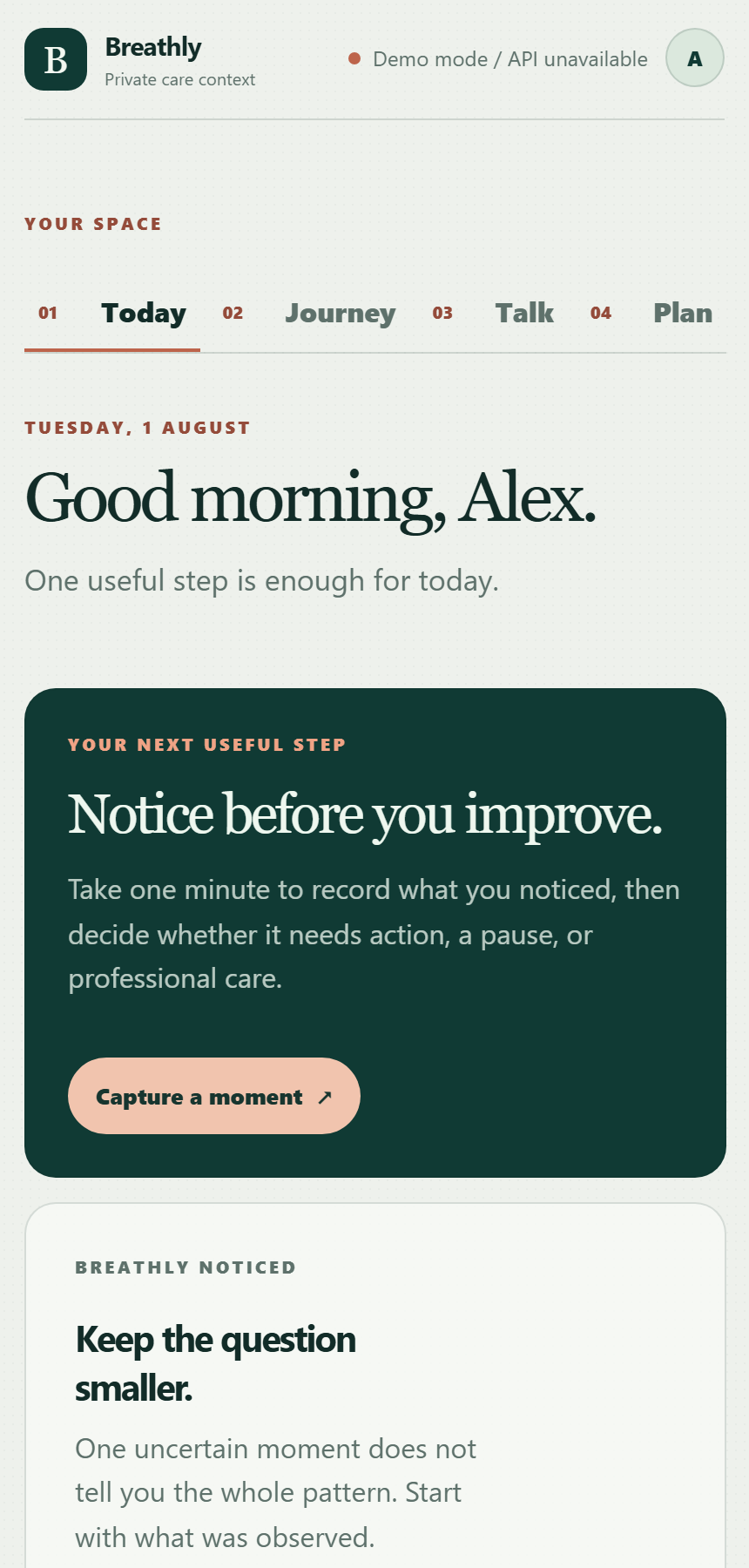 Breathly home screen showing a next useful step and guided actions